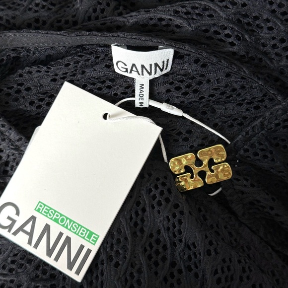 NWT GANNI Sheer Lace V-Neck Gold Butterfly Logo Clasp Sleeveless Maxi Dress L - Picture 10 of 13